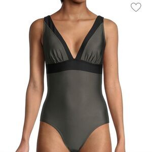 DKNY Black Contrast-Trim olive Army Green Women's  One-Piece Swimsuit sz 10